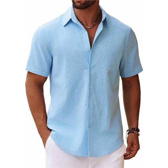 Men's Button Down Short Sleeve Shirt Casual Cotton Summer Beach - Picture 1 of 6
